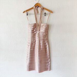 BCBG MaxAzria Womens Champagne Silk Layered Beaded Halter Dress